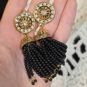 Vintage Avon Black Beaded Tassel Clip-On Earrings Gold Rhinestone Statement